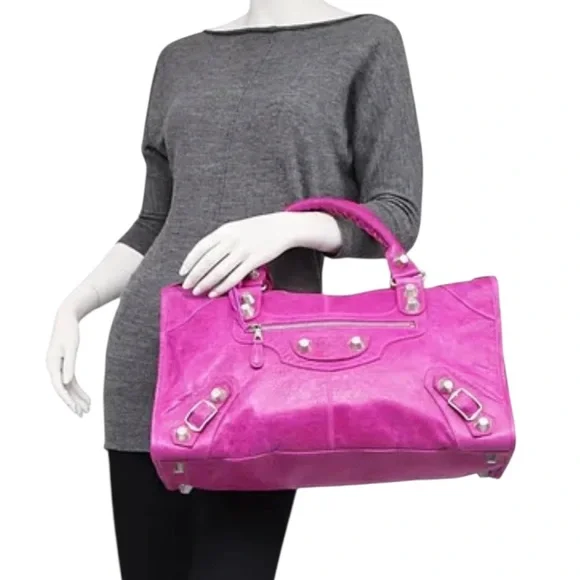 Auth Balenciaga large City Work Giant silver Hardware Magenta Lambskin Bag New - Picture 2 of 15